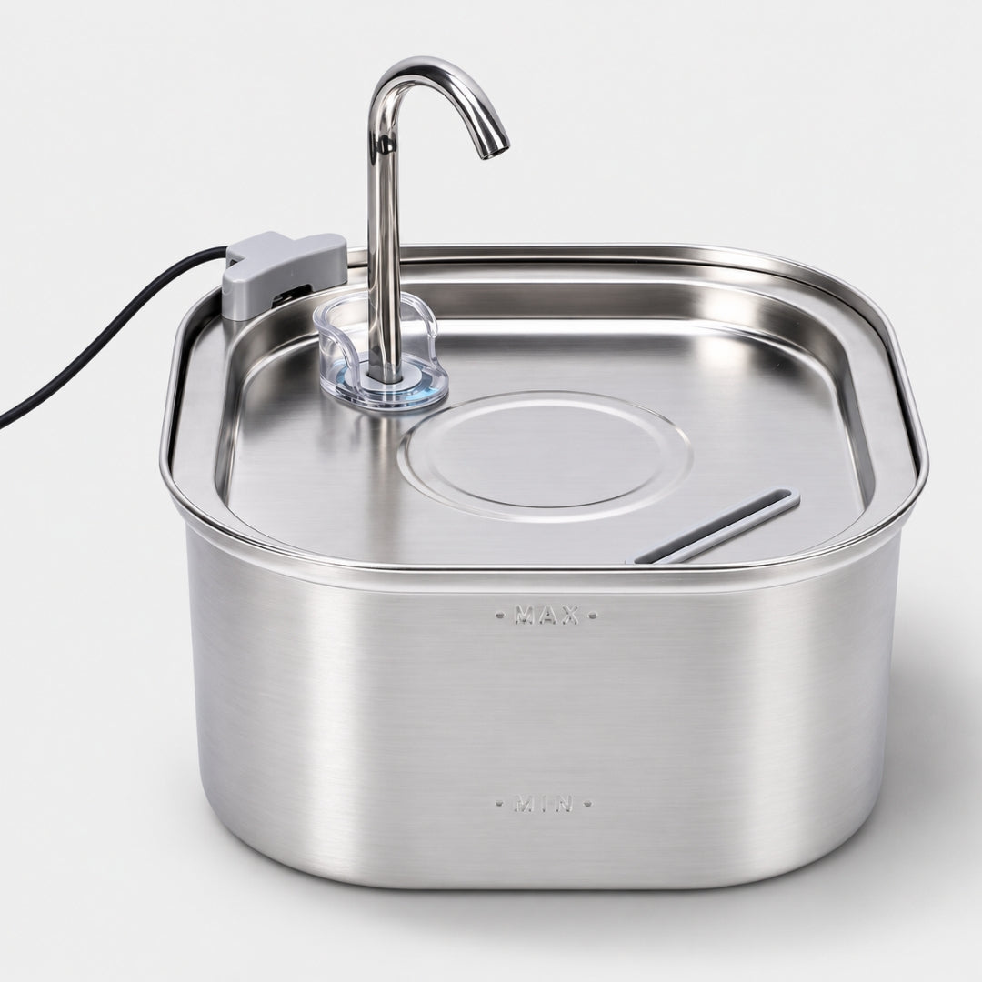 Fuente de agua para gatos en acero inoxidable con grifo cuadrada · 3,2 litros