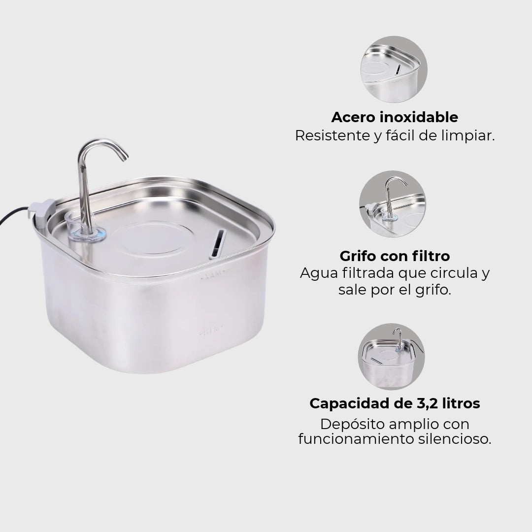 Fuente de agua para gatos en acero inoxidable con grifo cuadrada · 3,2 litros