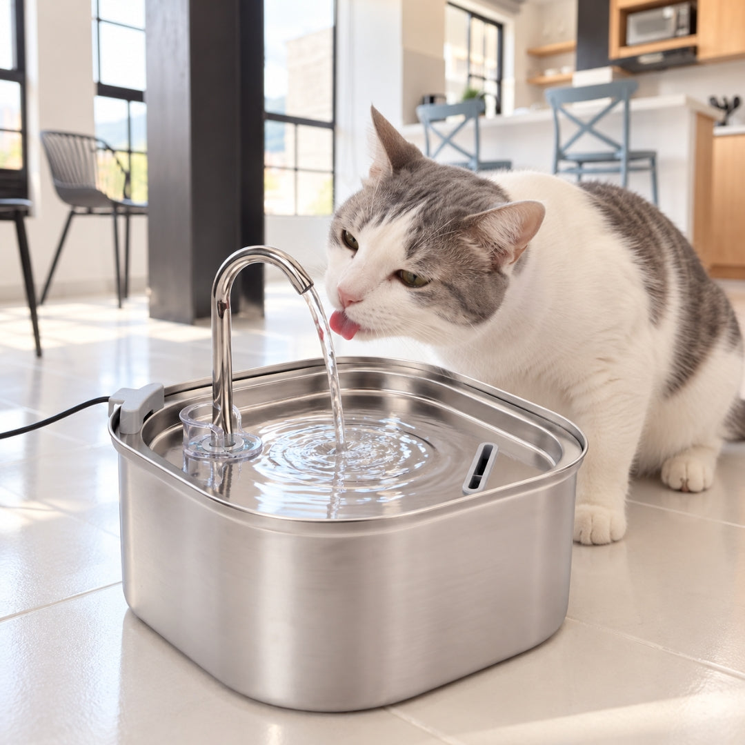 Fuente de agua para gatos en acero inoxidable con grifo cuadrada · 3,2 litros