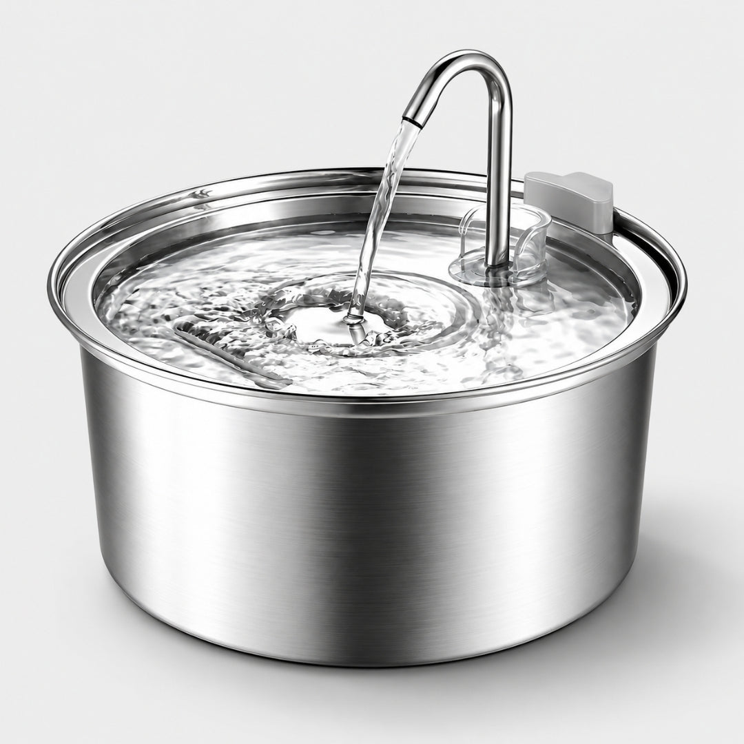 Fuente de agua para gatos en acero inoxidable con grifo · Redonda de 2,5 litros