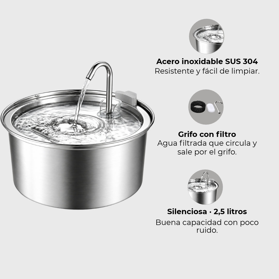 Fuente de agua para gatos en acero inoxidable con grifo · Redonda de 2,5 litros