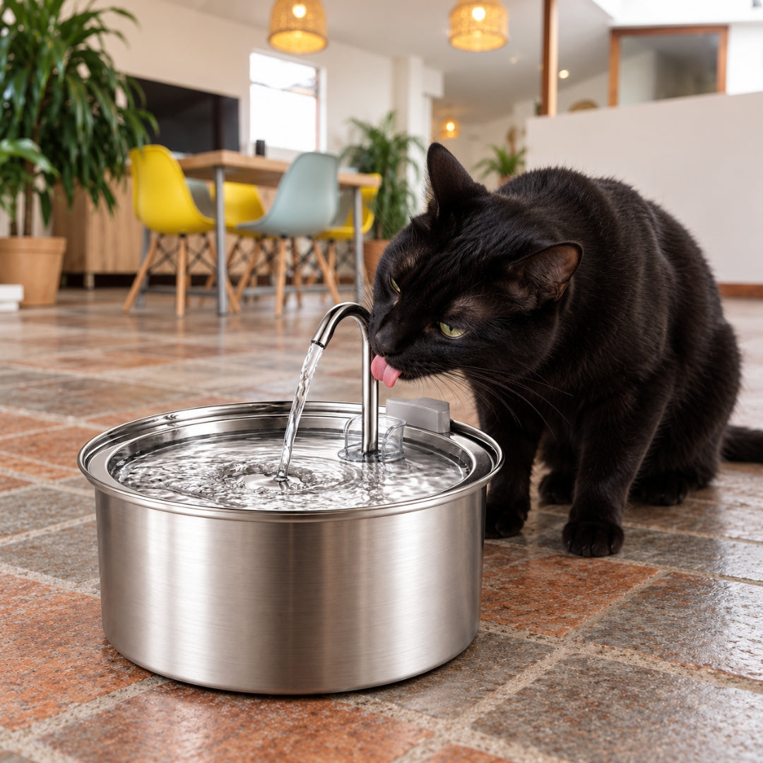 Fuente de agua para gatos en acero inoxidable con grifo · Redonda de 2,5 litros