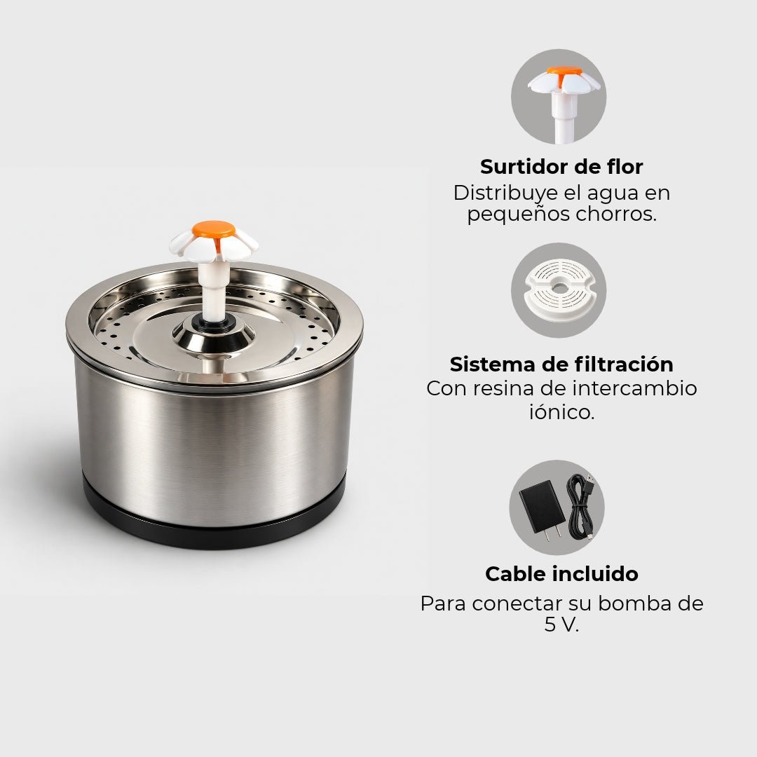 Fuente de agua para gatos 2,5 L con filtro y grifo de flor