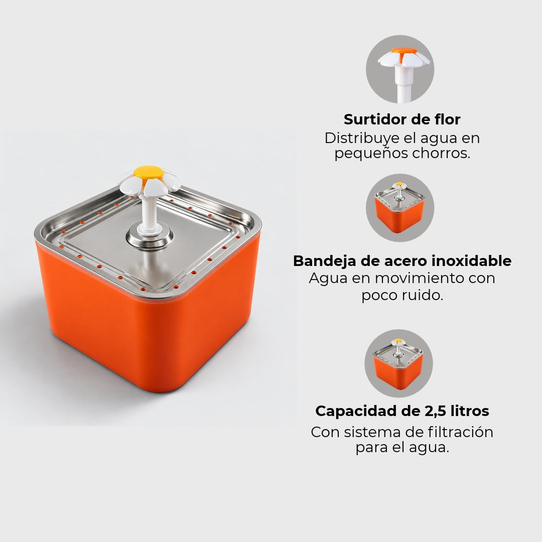 Fuente de agua para gatos de 2,5 L con filtro y bandeja de acero inoxidable · Naranja