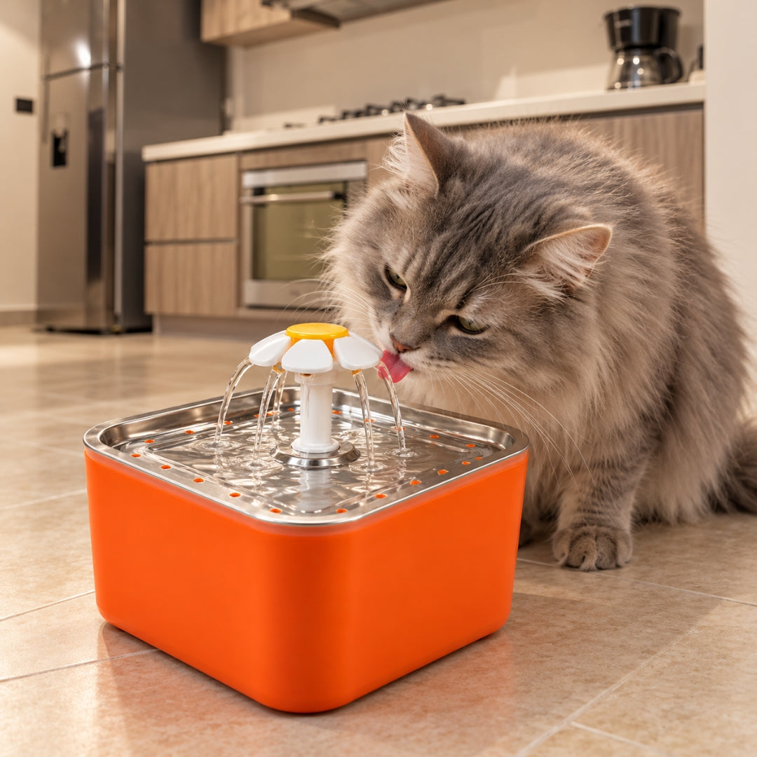 Fuente de agua para gatos de 2,5 L con filtro y bandeja de acero inoxidable · Naranja