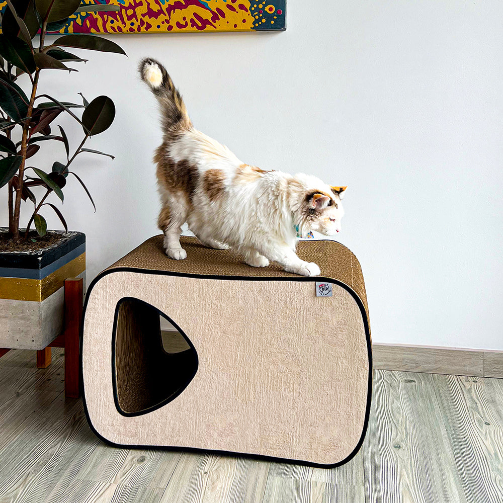 Rascador para gatos en carton corrugado doble pared horizontal tipo cueva.