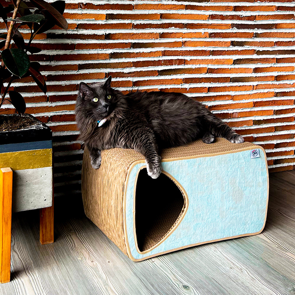 Rascador para gatos en carton corrugado doble pared horizontal tipo cueva.