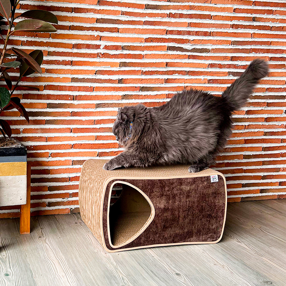 Rascador para gatos en carton corrugado doble pared horizontal tipo cueva.