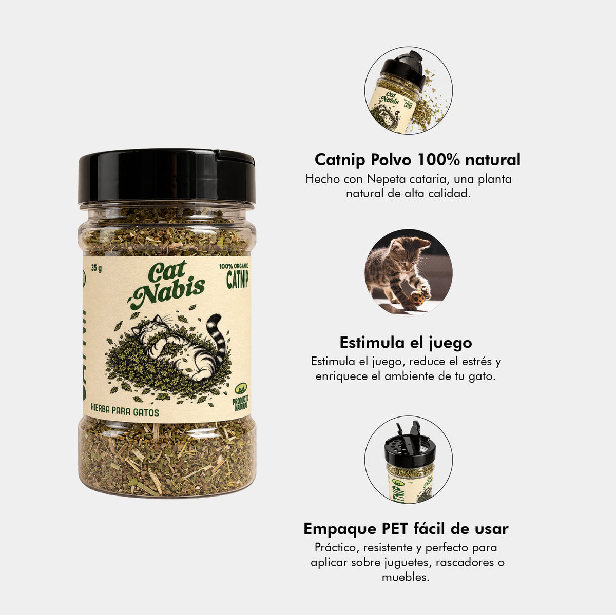 Cat Nabis, catnip o hierba gatera para gatos en frasco tipo condimentero de 35 g