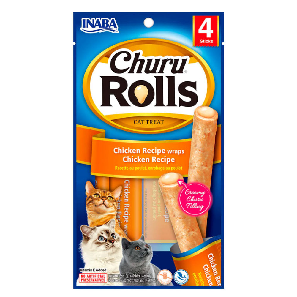 Snacks para gatos de pollo rellenos de crema Churu atún y vieira, sin granos ni conservantes, suaves y fáciles de masticar.