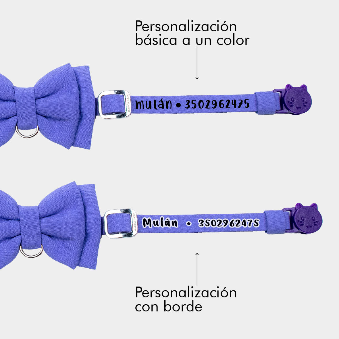 Corbatín lila para gato personalizado