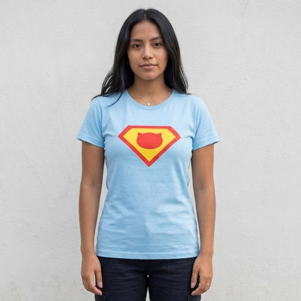 Camiseta tela fría Azul poliéster estampado Super Cat unisex amplia