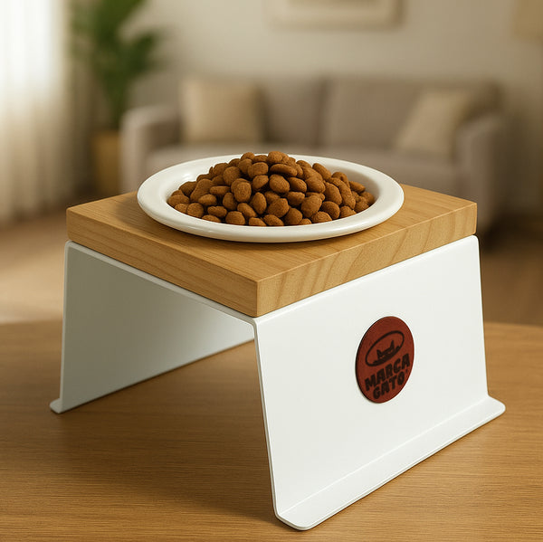 Comedero elevado para gatos con plato de cerámica, comedero en metal 
