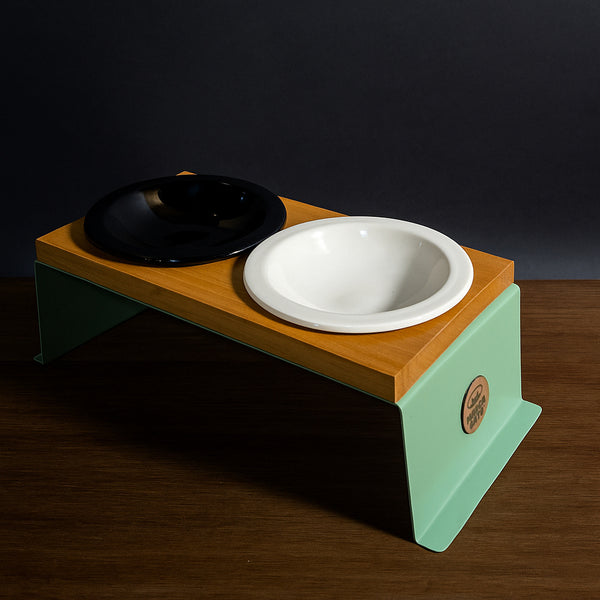 Comedero elevado doble para gatos con plato de cerámica, comedero en metal 
