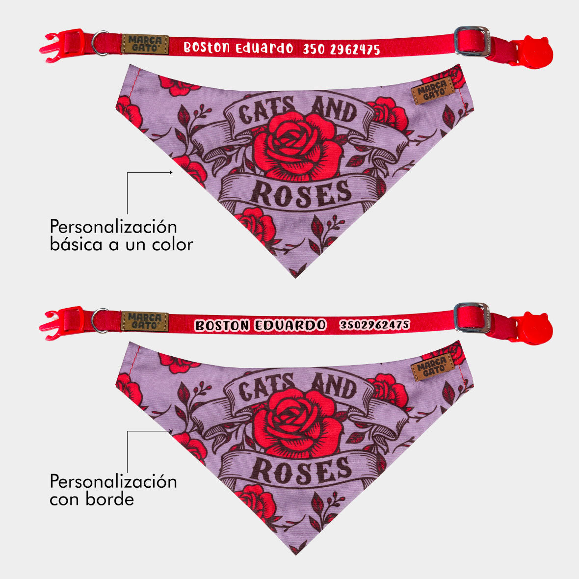 Pañoleta para gatos personalizada rosa roja flores delicadas cats and roses bandana