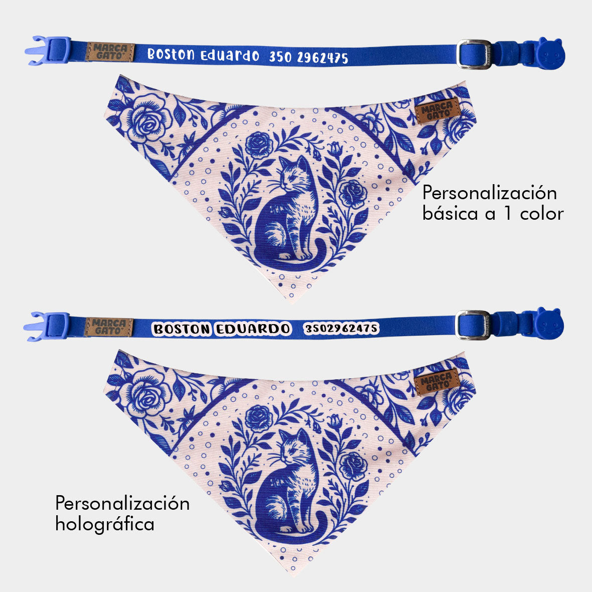 Pañoleta personalizada para gatos azul rosas elegante cats and roses mascota