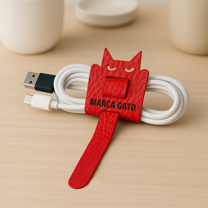 Organizador de cables de cuero vegano con forma de gato