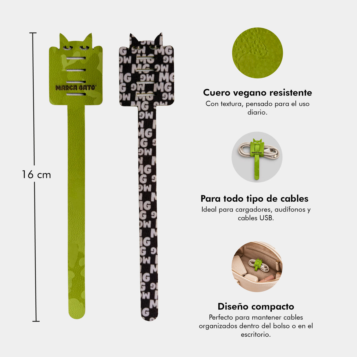 Organizador de cables de cuero vegano con forma de gato