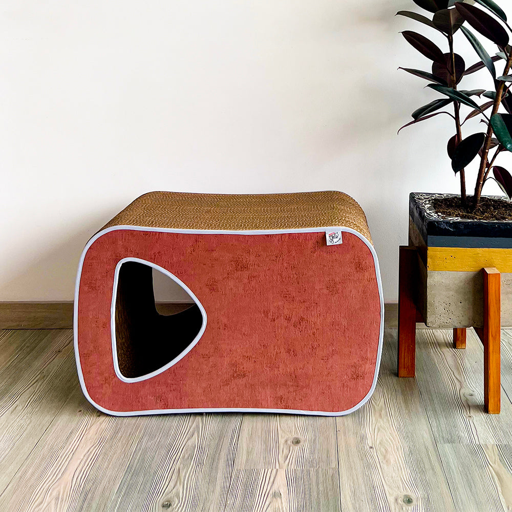 Rascador para gatos en carton corrugado doble pared horizontal tipo cueva.