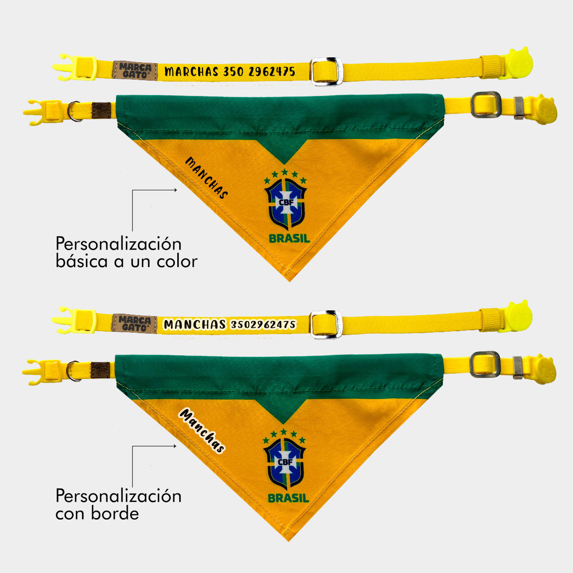 Pañoleta gatos selección felina Brasil mundial 2026 mascota broche de seguridad pañoleta personalizada