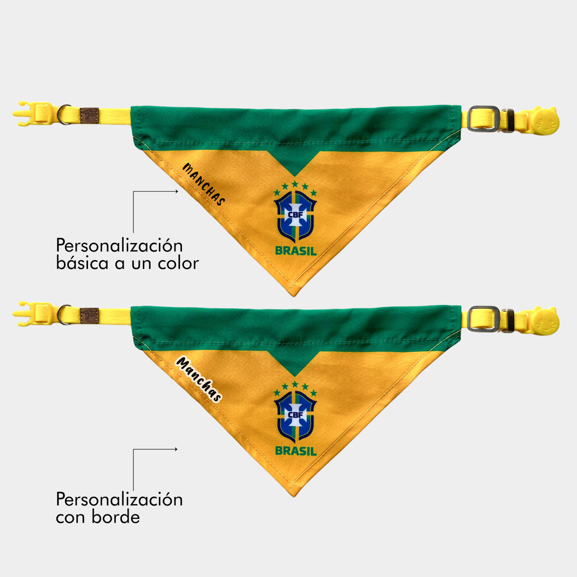 Pañoleta gatos selección felina Brasil mundial 2026 mascota broche de seguridad