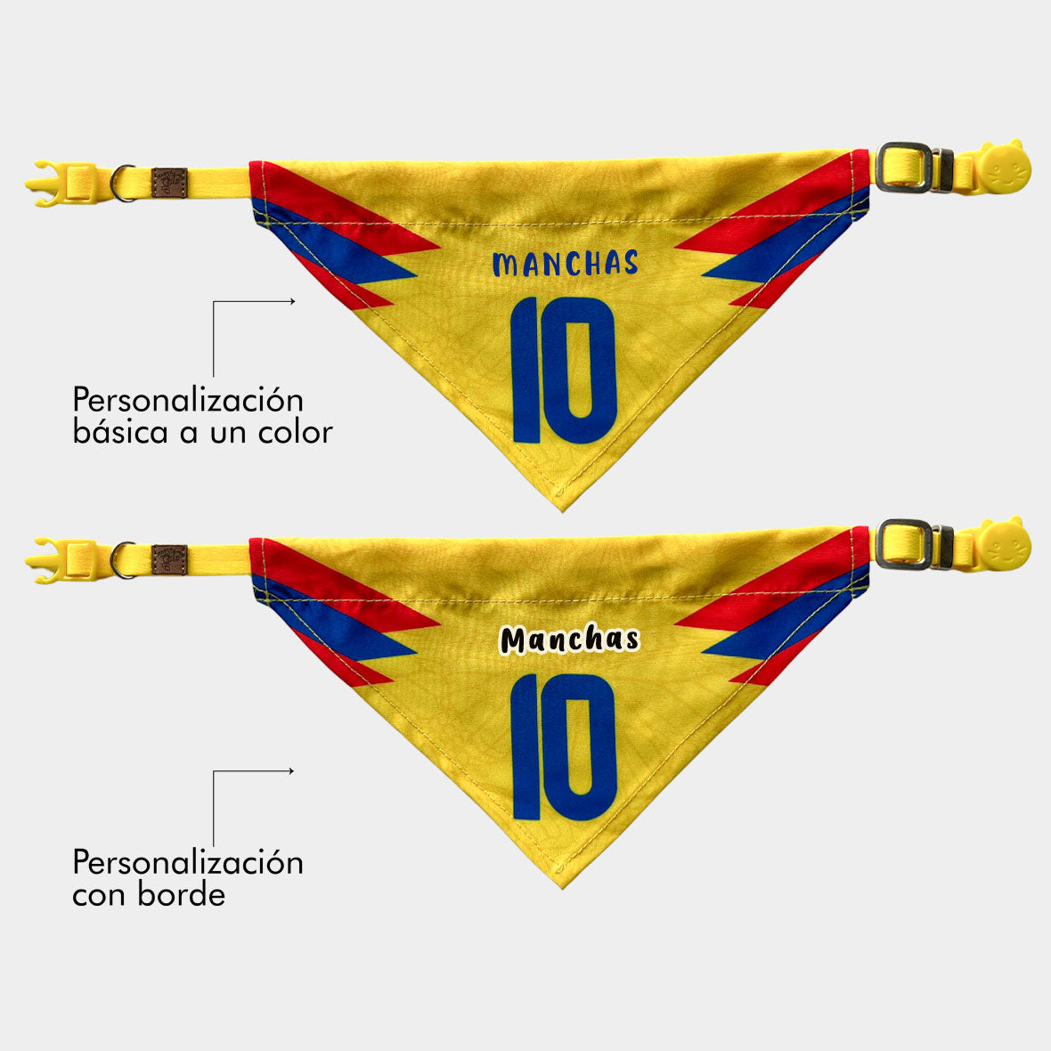Pañoleta gatos selección felina Colombia tricolor mundial 2026 mascota broche de seguridad