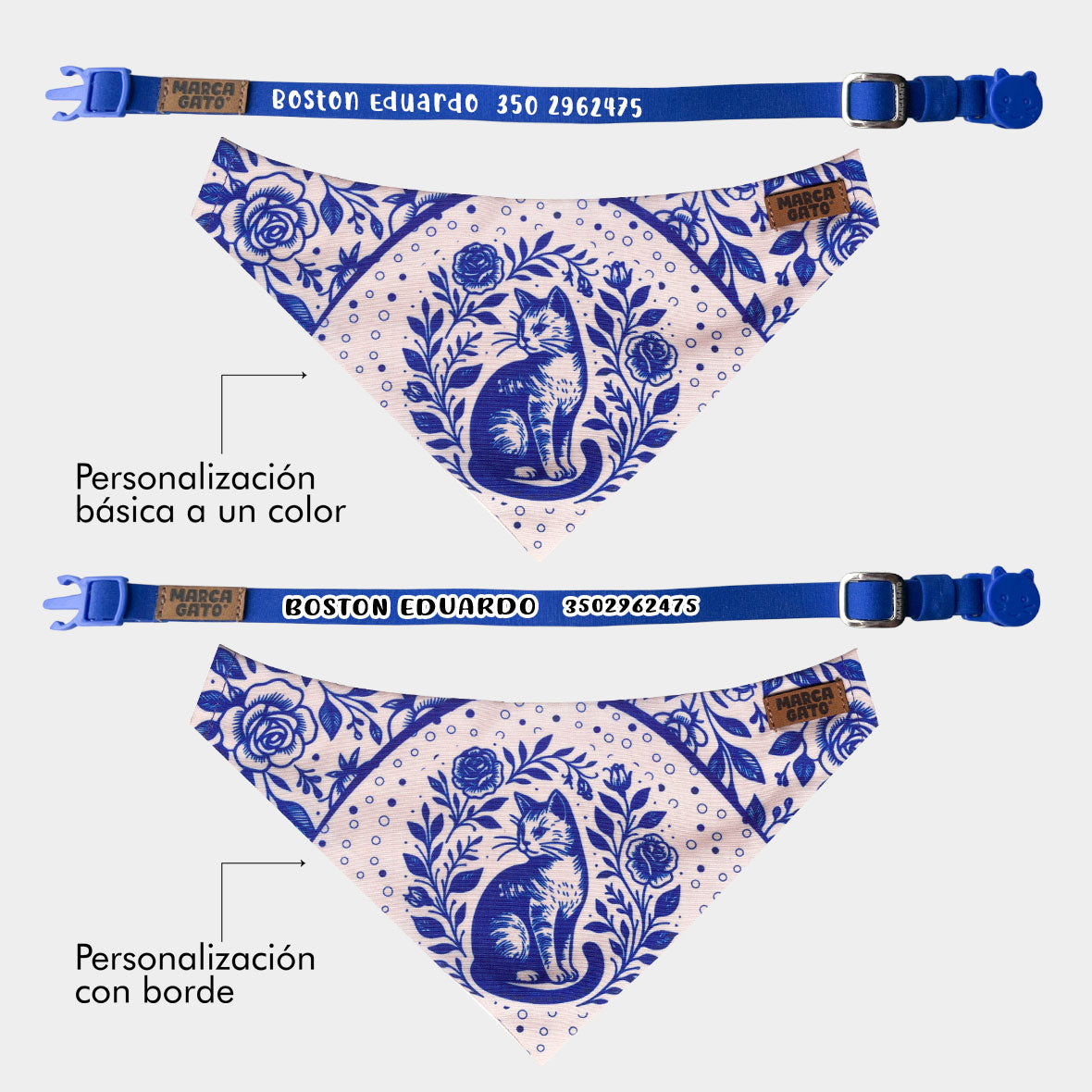 Pañoleta personalizada para gatos azul rosas elegante cats and roses mascota