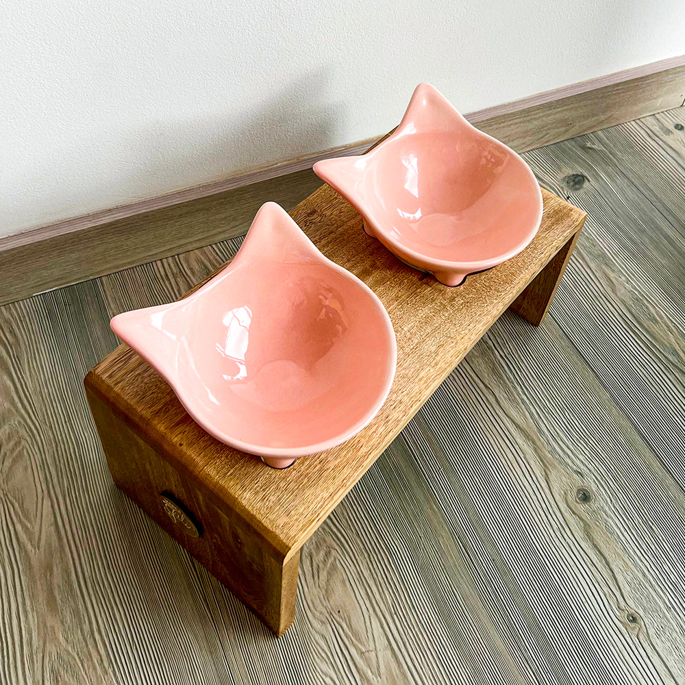 comedero en madera de roble con plato de ceramica x dos puestos 