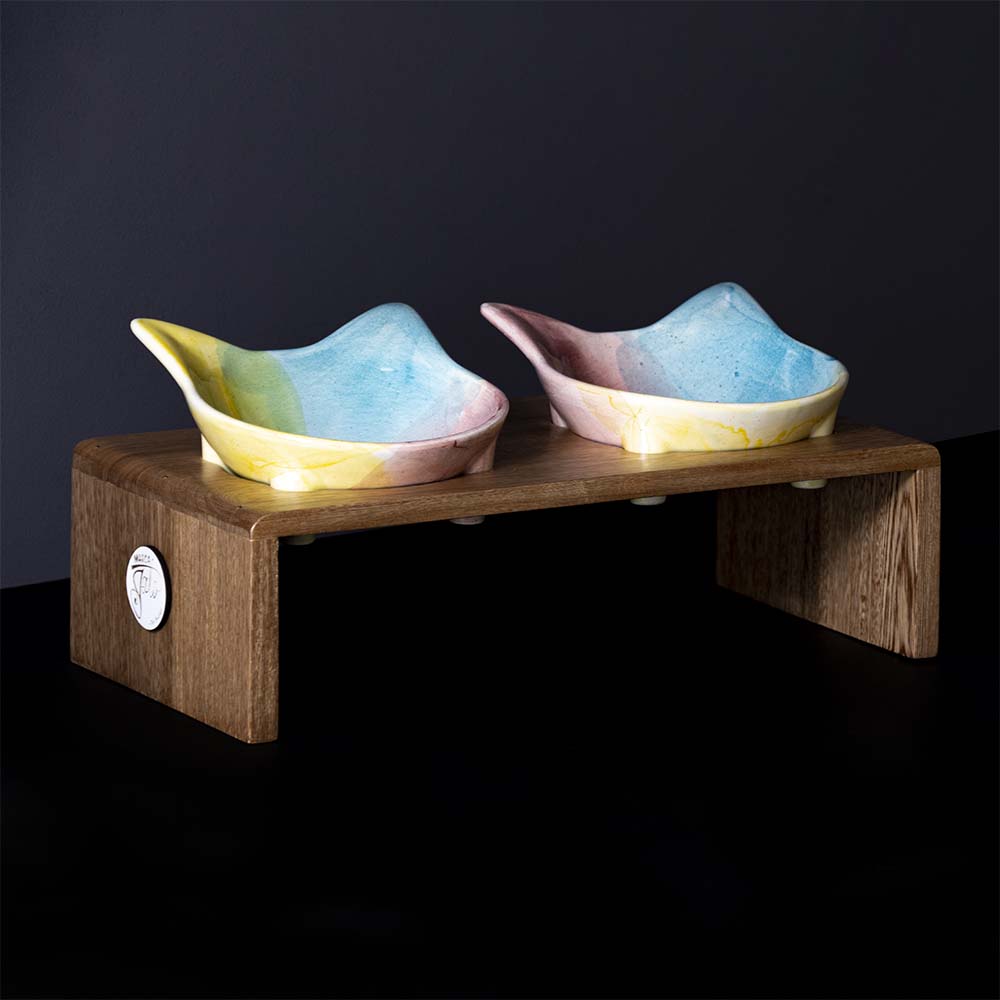 Comedero cerámica y roble x 2 puestos