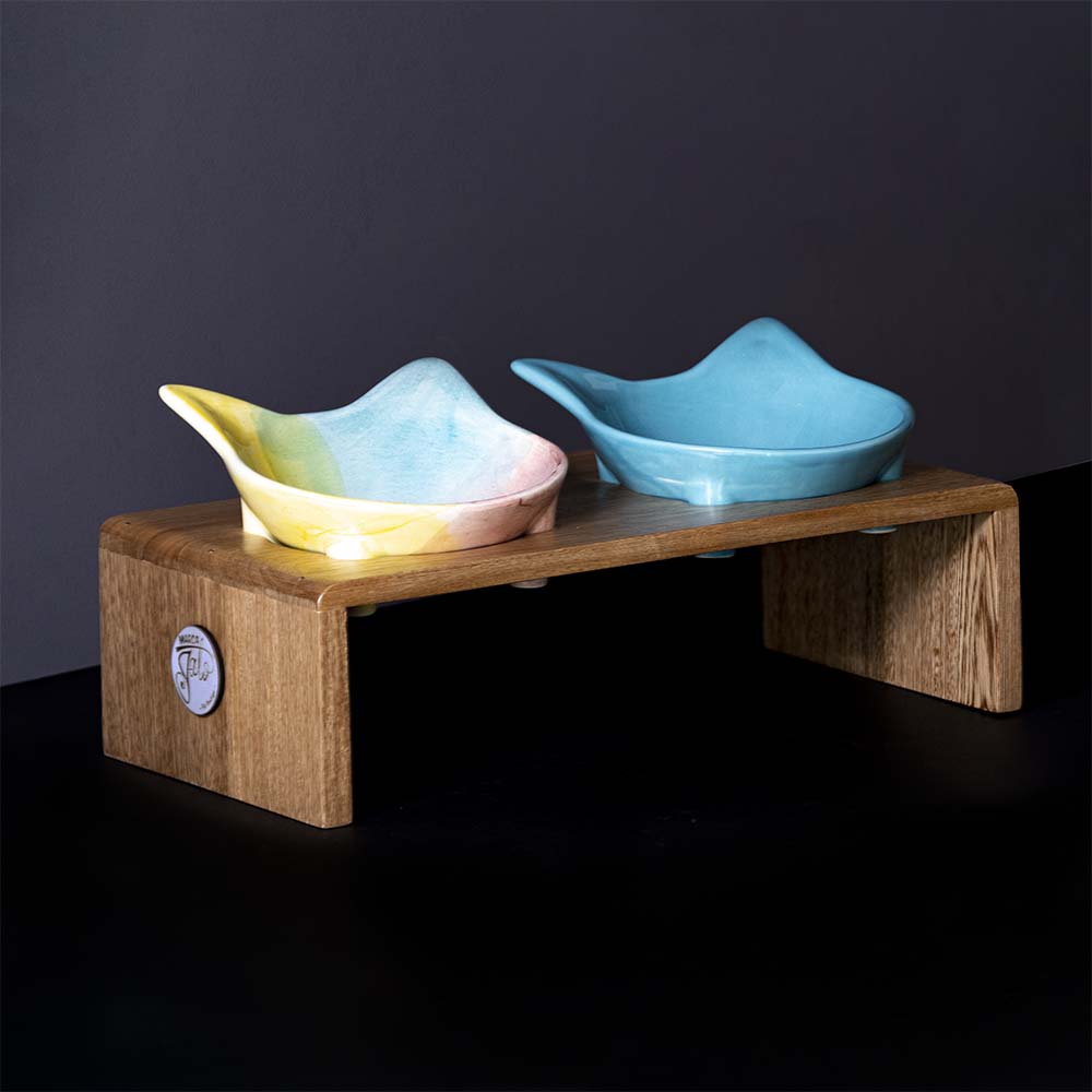 Comedero cerámica y roble x 2 puestos