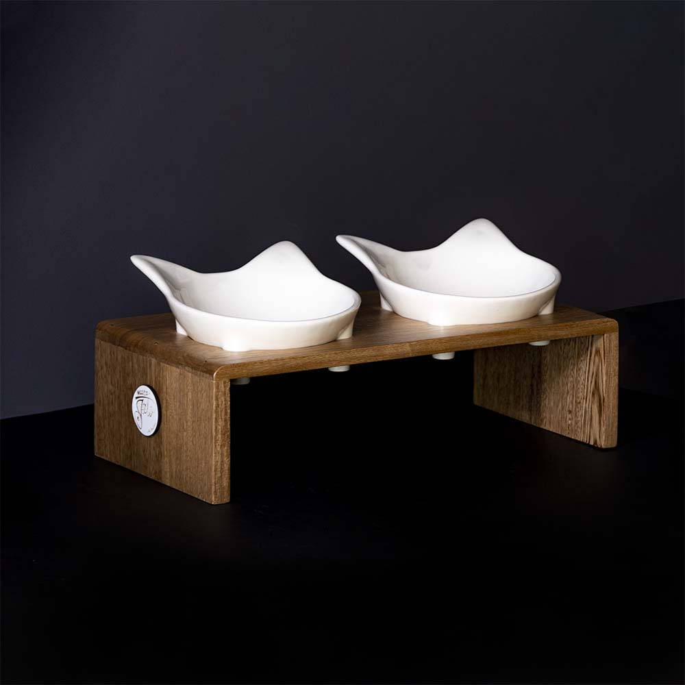 Comedero para gato en ceramica y madera de roble x dos puestos.