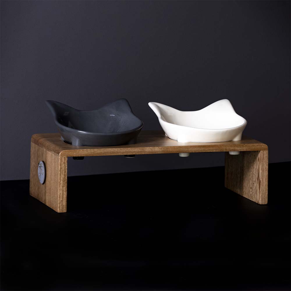 Comedero para gato en ceramica y madera de roble x dos puestos.