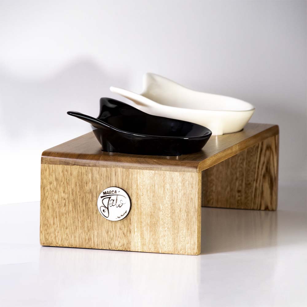 Comedero para gato en ceramica y madera de roble x dos puestos.