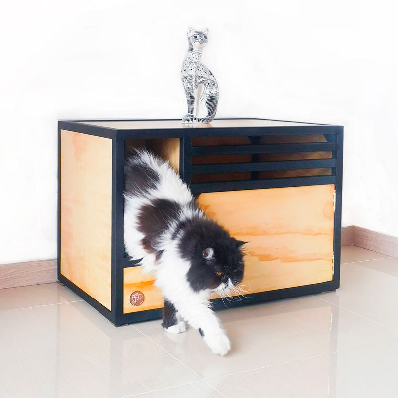 Mueble arenero para gatos en madera.
