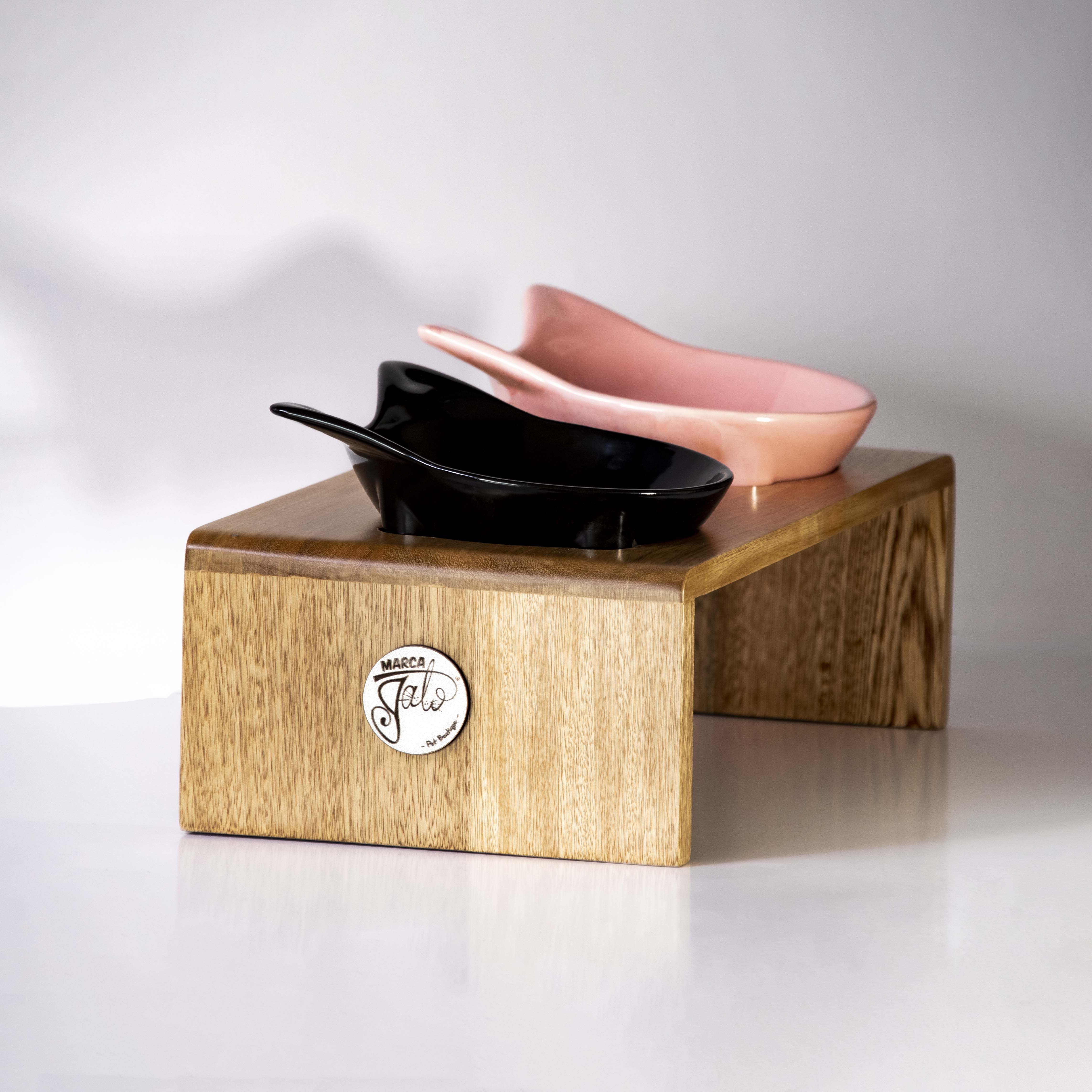 Comedero para gato en ceramica y madera de roble x dos puestos.