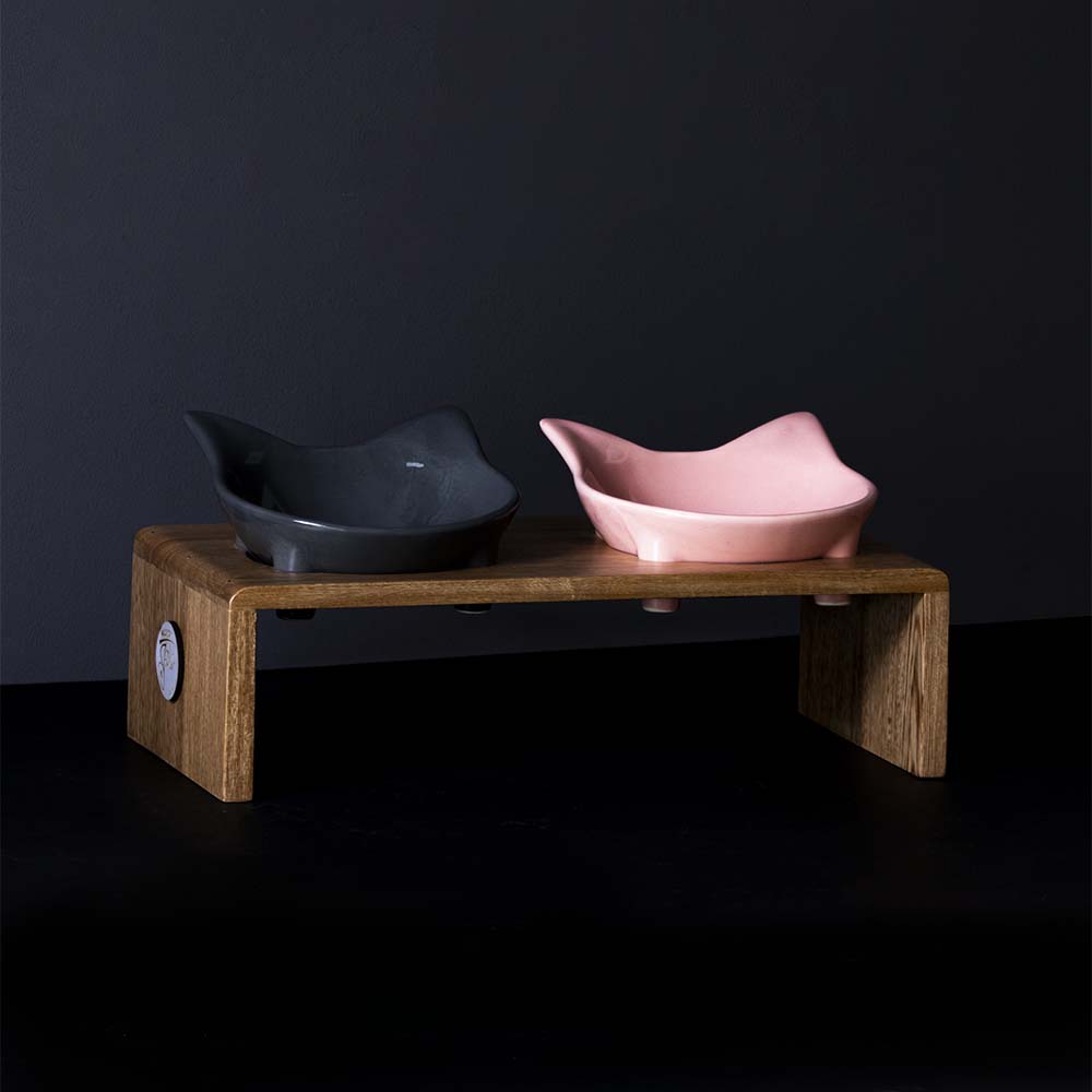 Comedero para gato en ceramica y madera de roble x dos puestos.