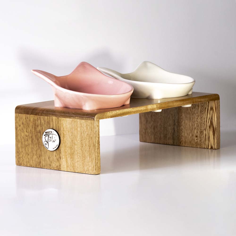 Comedero para gato en ceramica y madera de roble x dos puestos.