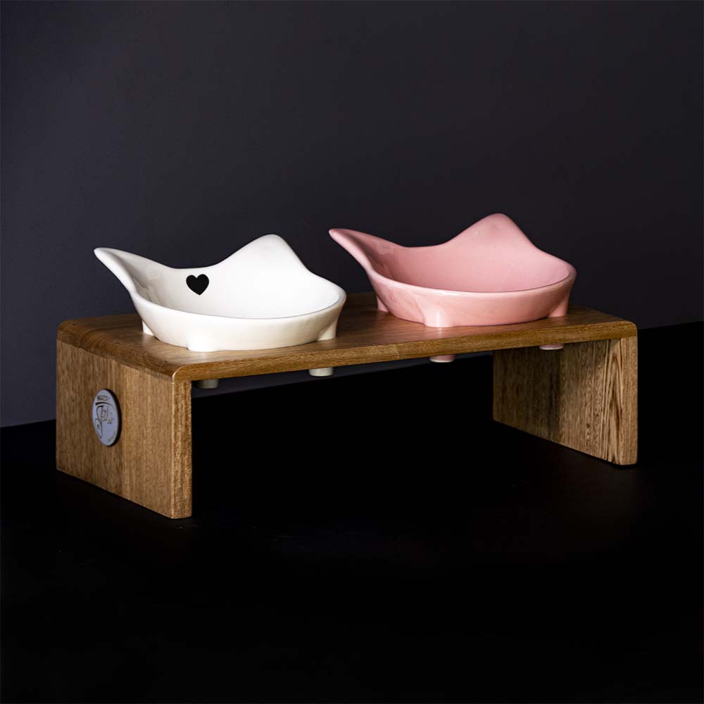 Comedero para gato en ceramica y madera de roble x dos puestos.