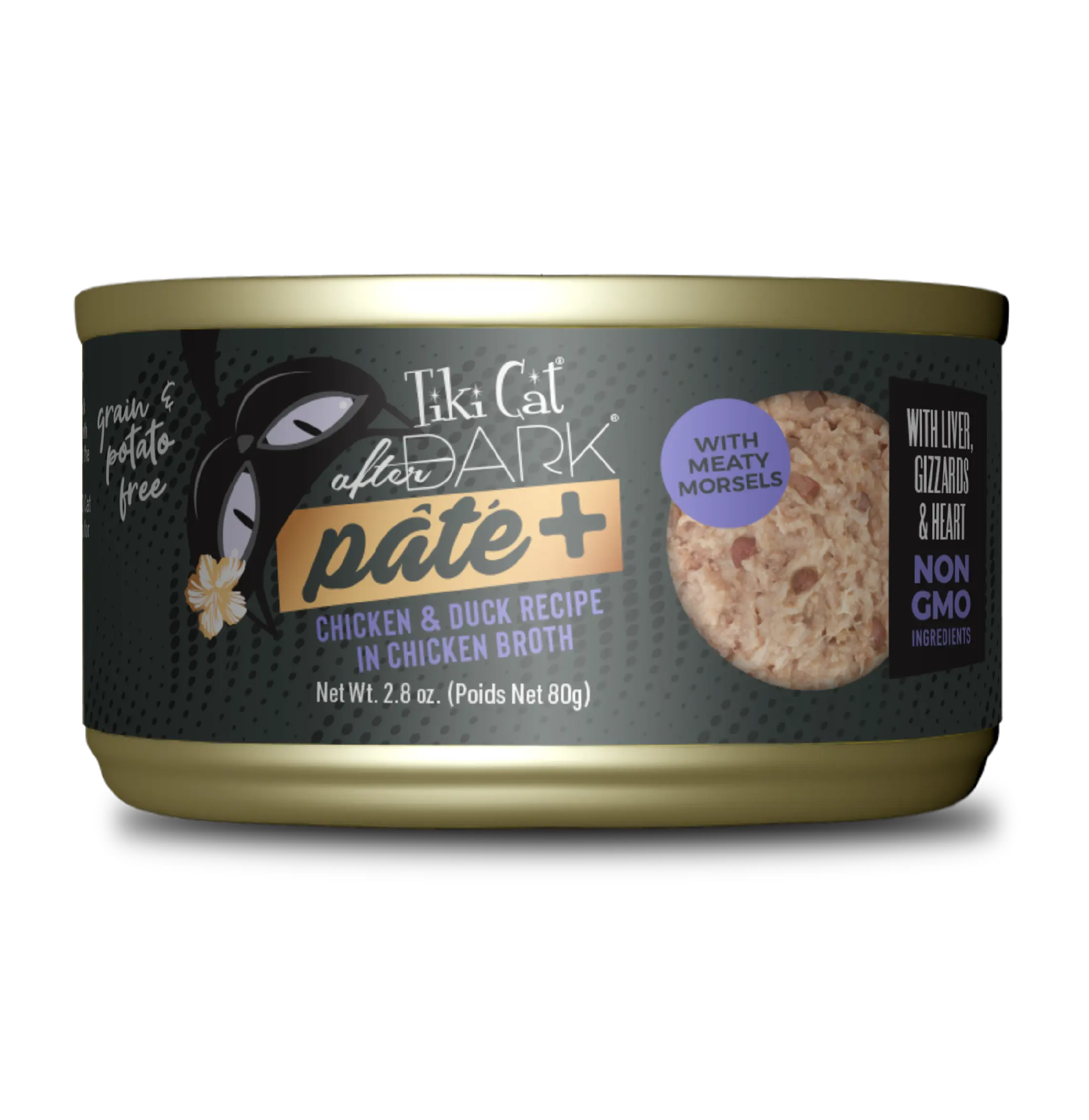 Alimento húmedo para gatos con pollo y pato reales, hígado, molleja y corazón. Alto en proteínas, textura suave, caldo hidratante y libre de OGM